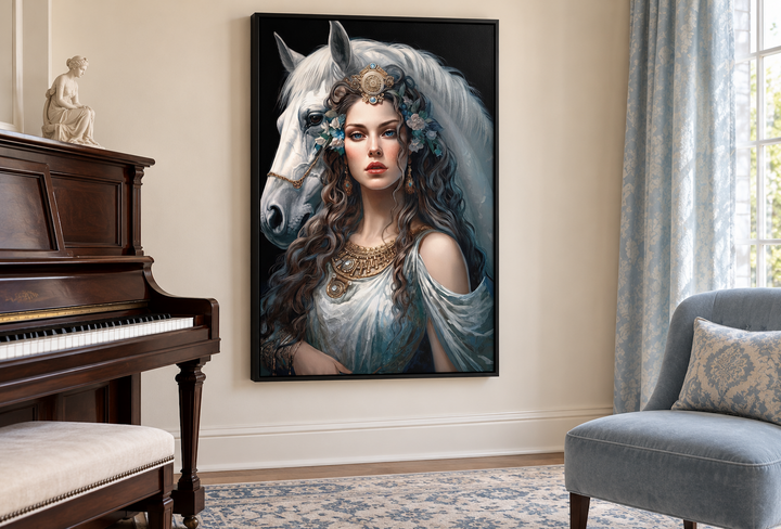 Framed canvas wall art of Epona, Celtic Goddess of horses, in a classic music room setting.