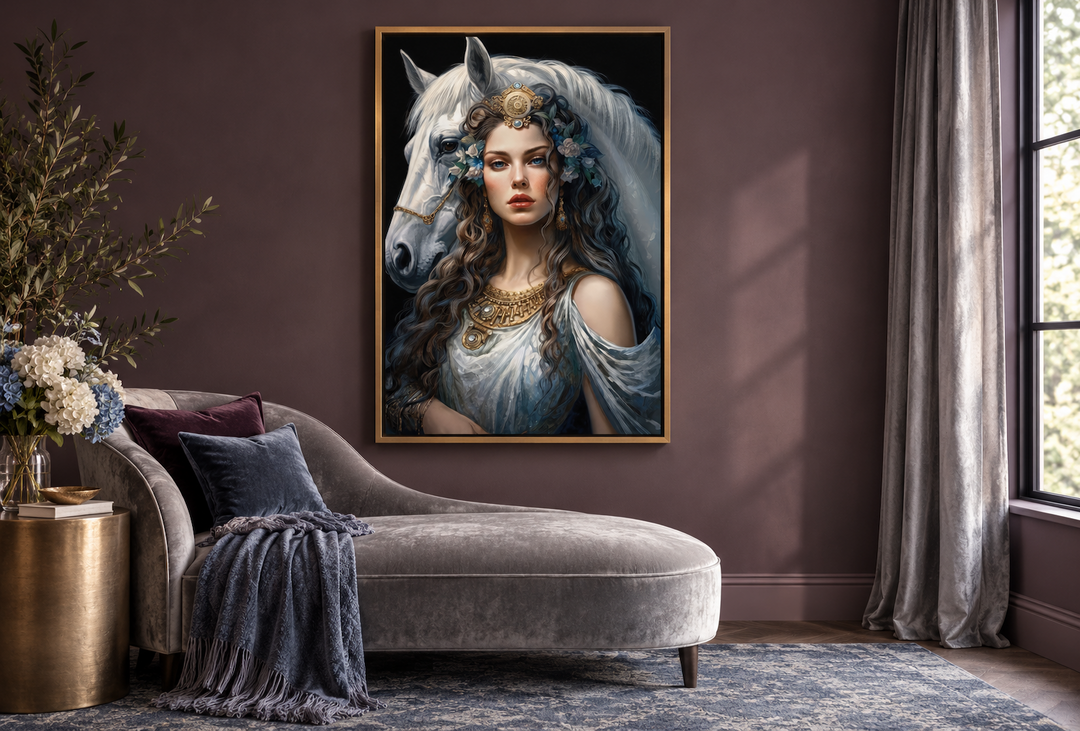 Framed canvas wall art of Epona Celtic Goddess with a white horse in a plum-colored lounge room.