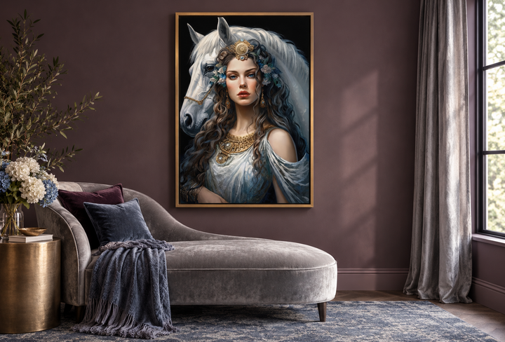 Framed canvas wall art of Epona Celtic Goddess with a white horse in a plum-colored lounge room.