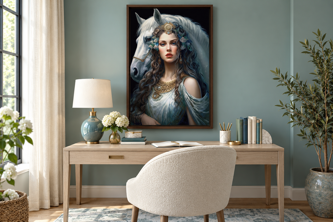 Framed canvas wall art of Epona Celtic Goddess with a white horse above a wooden desk.
