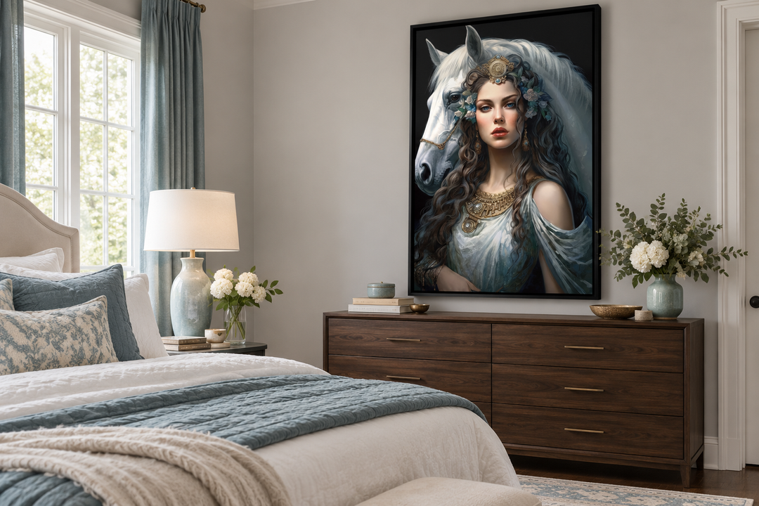 Epona Celtic Goddess of Horses framed canvas wall art hanging above a dark wood dresser in a bedroom.