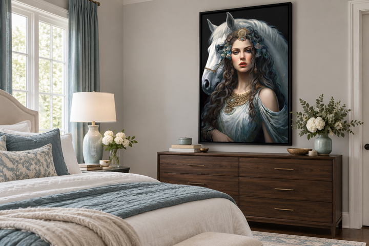 Epona Celtic Goddess of Horses framed canvas wall art hanging above a dark wood dresser in a bedroom.