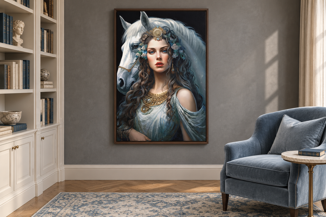 Framed canvas wall art of Epona, Celtic Goddess of horses, in a library with a blue velvet chair.