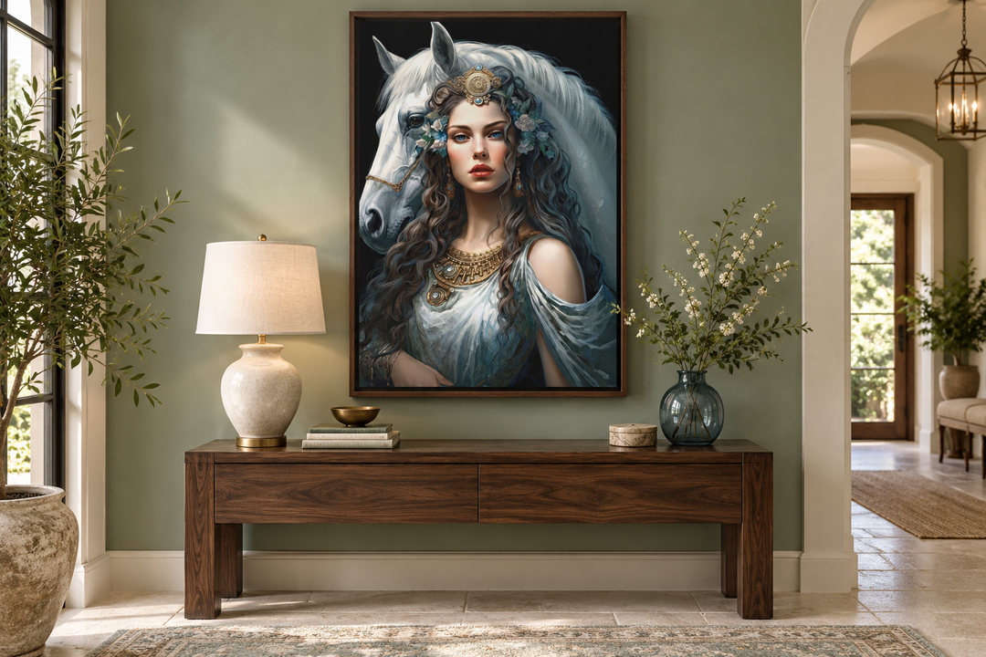 Framed canvas wall art of Epona Celtic Goddess with a white horse above a walnut console table.