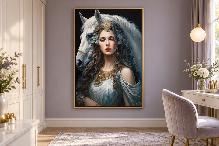 Framed canvas wall art of Epona Celtic Goddess with a white horse in a lavender dressing room.