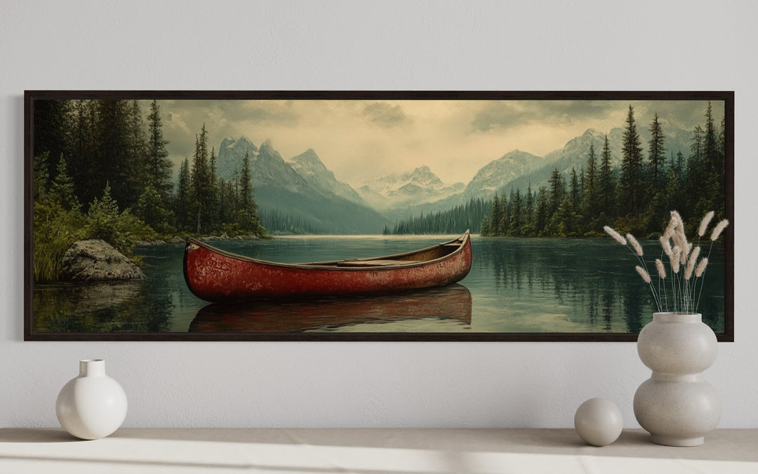 Old Red Canoe In The Lake Rustic Framed Canvas Wall Art close up