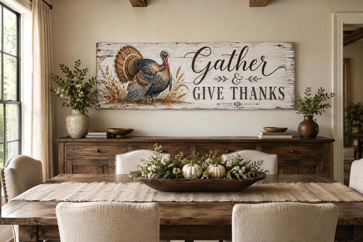 Gather and Give Thanks turkey wall art on a canvas with a distressed wood look in a dining room.