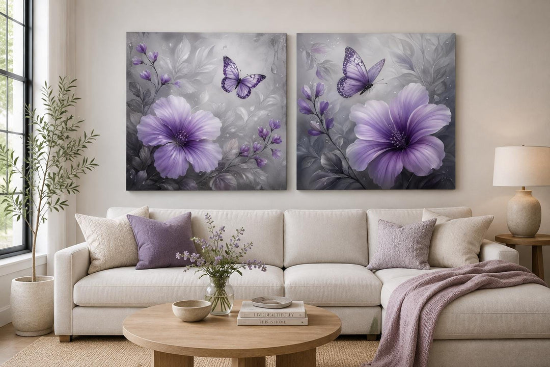 Set of 2 purple hibiscus flower canvases with butterflies on a moody gray floral background.