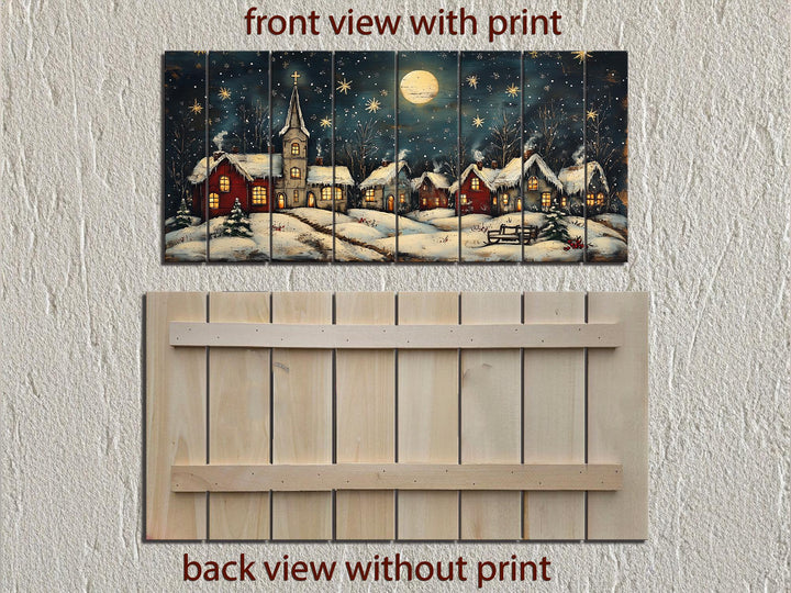 Rustic Christmas Moonlit Village Distressed Wood Wall Art
