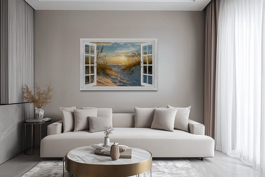 Fake Open Window View Beach Sunset Canvas Wall Art With Dunes and Beach Grass