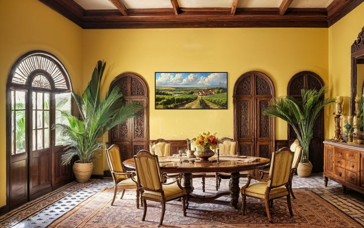 Tuscany Vineyards Italian Landscape Framed Canvas Wall Art in a dining room with a table and chairs