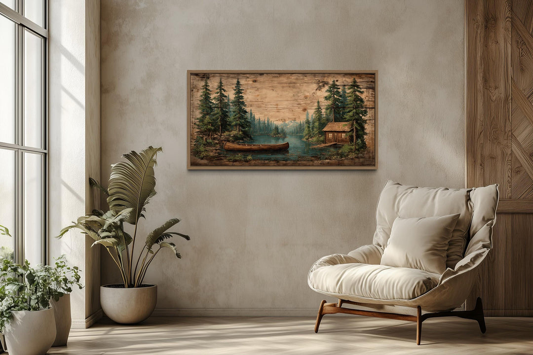 Canoe In The Lake And Pine Forest Scene Canvas Wall Art For Rustic Cabin Decor