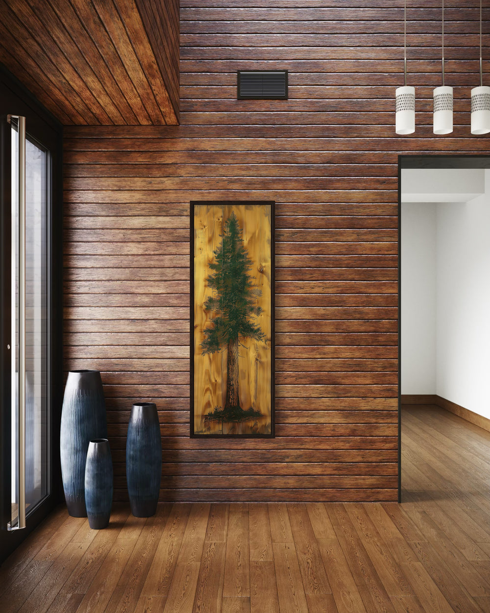 a painting of a tall narrow pine tree on a wooden wall