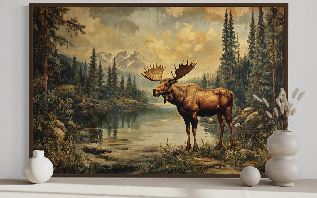 Moose in Mountain Wilderness Vintage Framed Canvas Wall Art close up