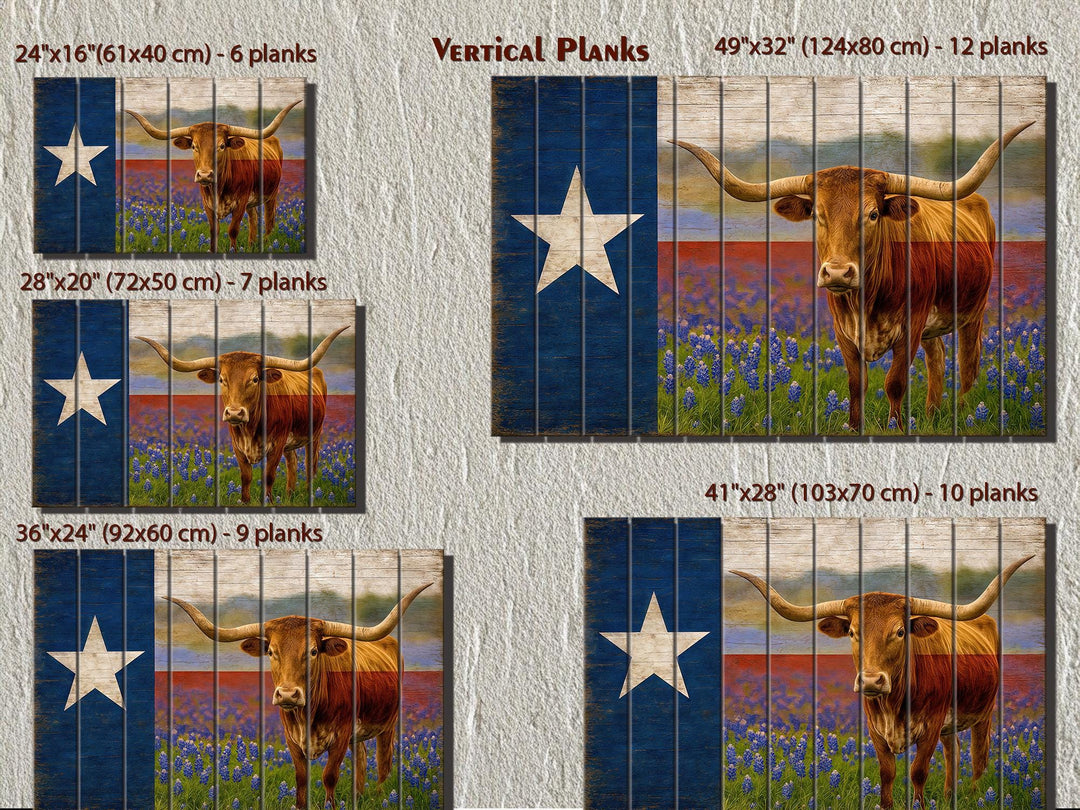 Texas Flag, Bluebonnets and Longhorn Mashup Distressed Wood Wall Art
