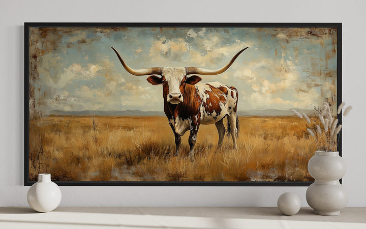 Longhorn in Open Prairie Rustic Farmhouse Canvas Wall Art close up