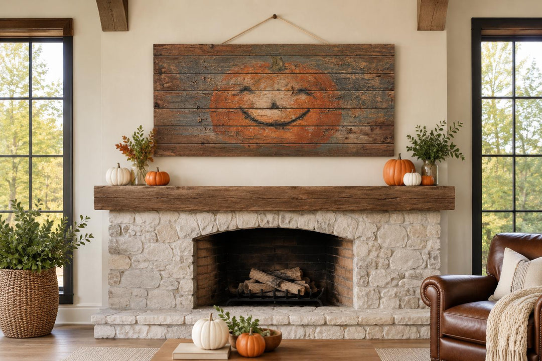 Primitive pumpkin face painted on distressed wood planks hanging above a rustic stone fireplace.