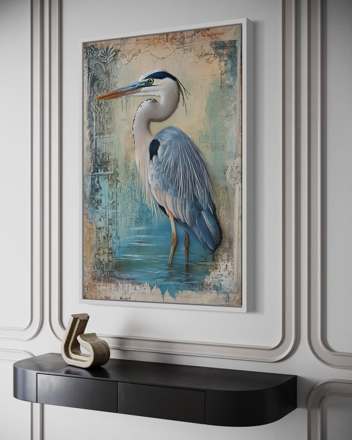 Blue Heron Wading In Water Rustic Coastal Framed Canvas Wall Art side view