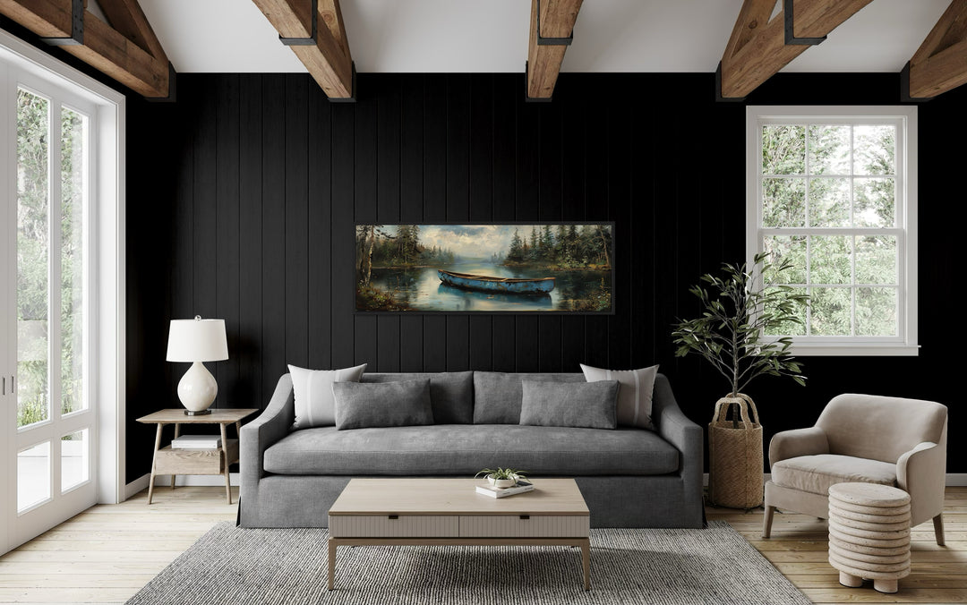 Old Blue Canoe In The Lake Long Horizontal Framed Canvas Wall Art in a living room filled with furniture