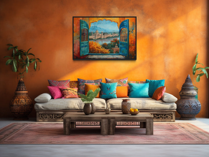 Window to India Canvas Wall Art - Vibrant Indian Grand Palace Landscape in indian living room