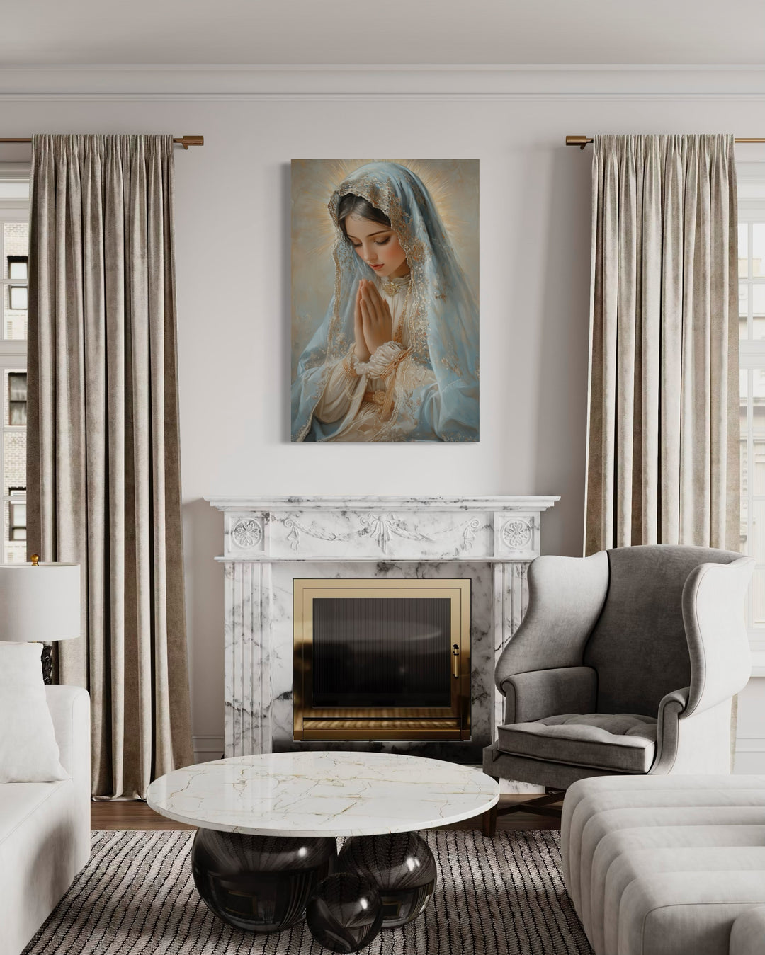 Virgin Mary Praying Framed Christian Canvas Wall Art above fireplace mantel