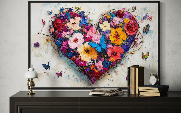 Pink Floral Heart With Butterflies Wall Art - Colorful Romantic Graffiti Canvas Print For Living Room Or Bedroom