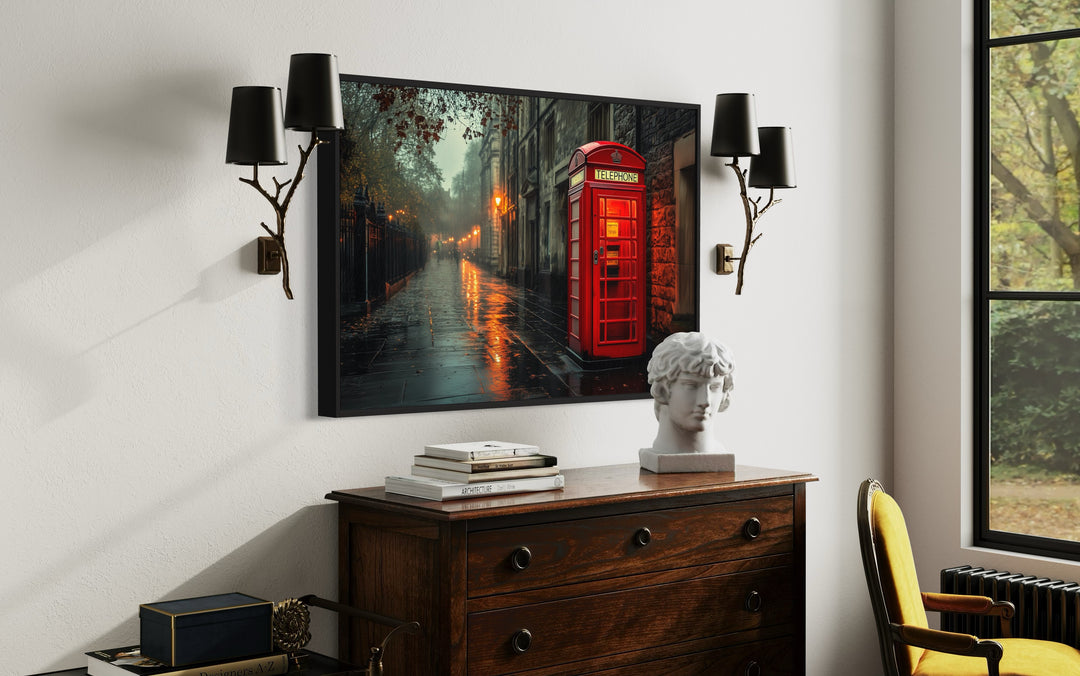 Red Phone Booth In Rainy London Street Framed Canvas Wall Art in library