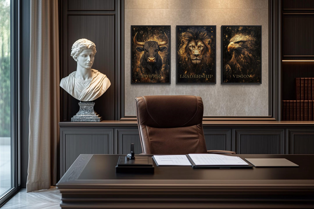 Leadership Wall Art – Motivational Lion Bull Eagle Office Canvas Set for Executive Workspace