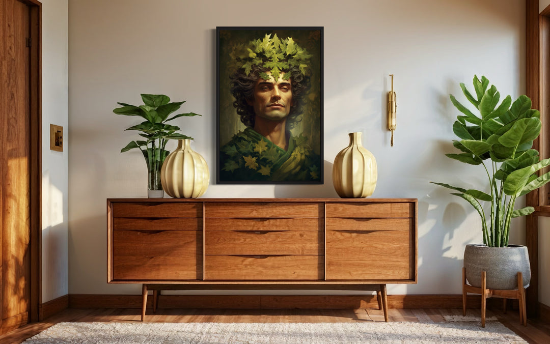 Green Man Canvas Wall Art above dresser