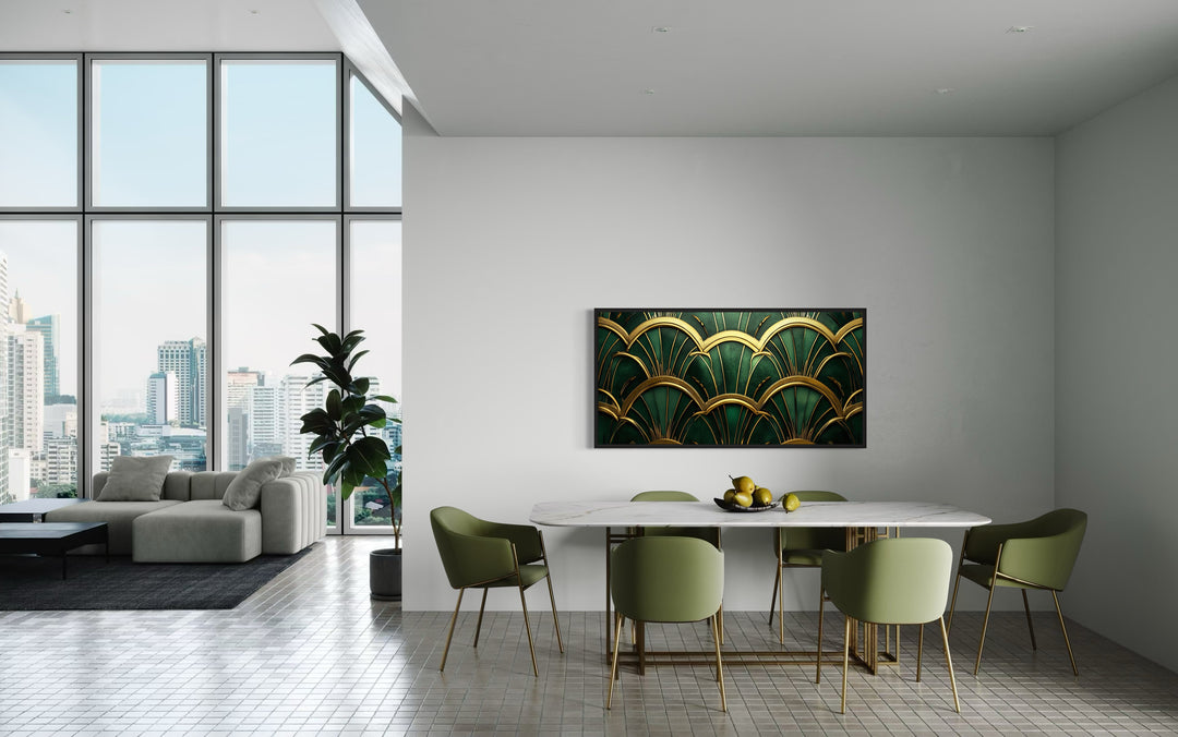 Green Gold Art Deco Horizontal Framed Canvas Wall Art in a dining room with a table and chairs