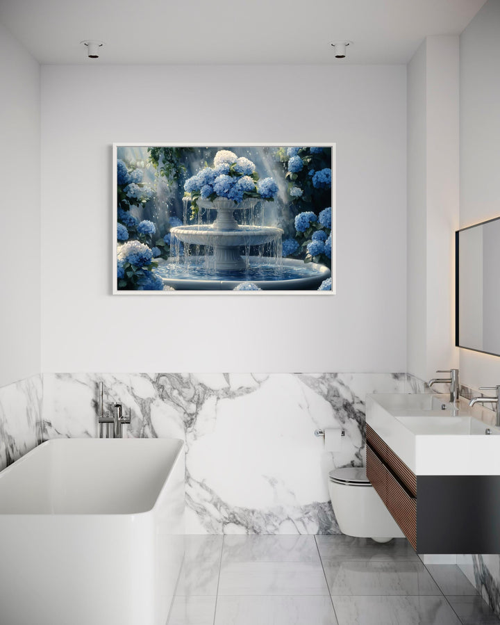 Blue Flowers Fountain Bathroom Canvas Wall Art