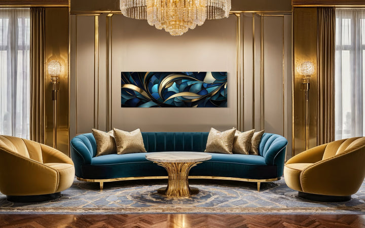 Art Decor Long Horizontal Blue Gold Framed Canvas Wall Art