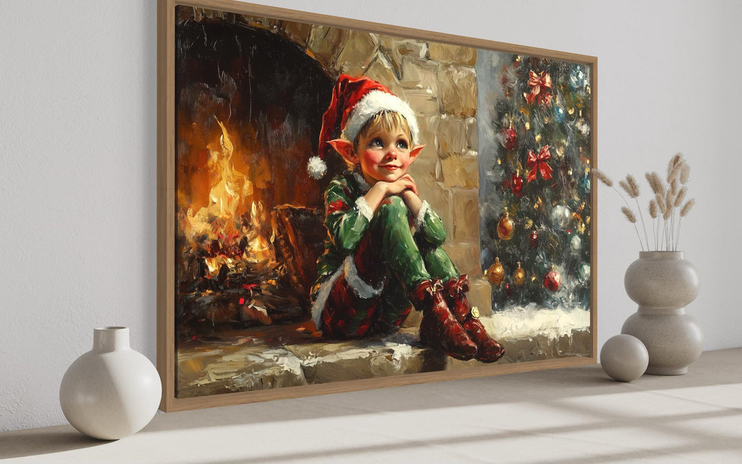 Vintage Christmas Elf by Fireplace Canvas Wall Art