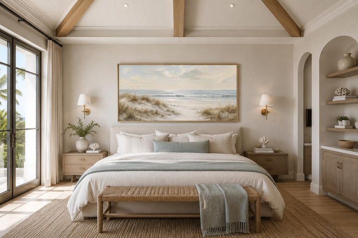 Wide horizontal wall art of sandy beach dunes and rolling waves in a slim gold frame above a bed.