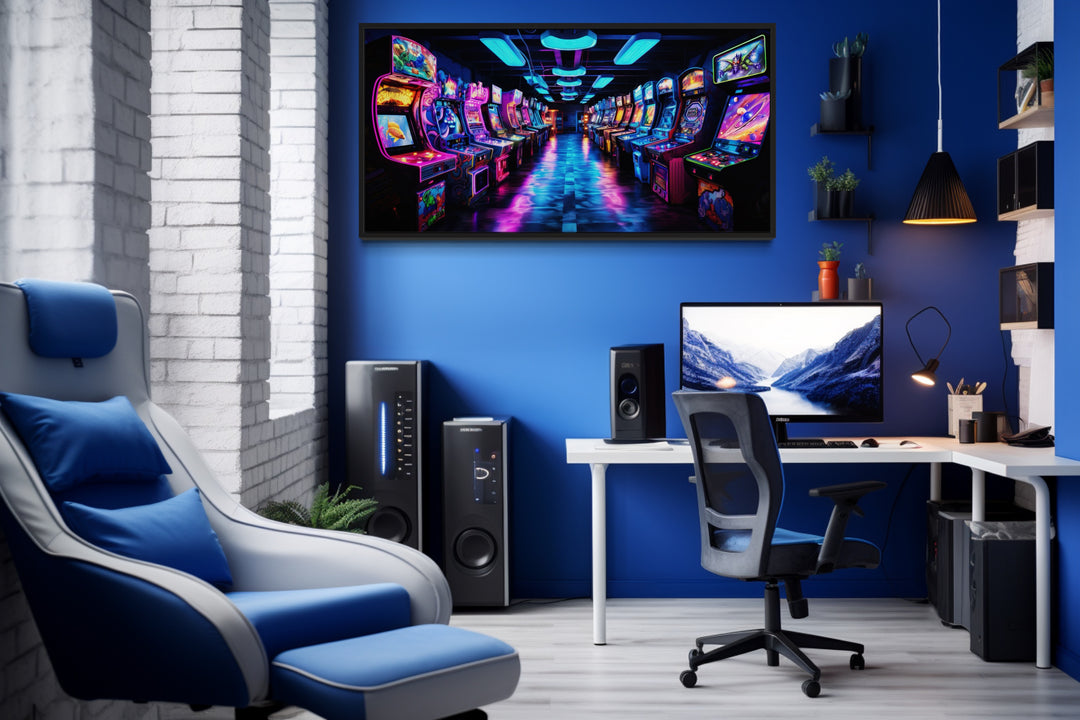 Retro Arcade Painting Game Room Framed Canvas Wall Art in a room with a computer and a chair