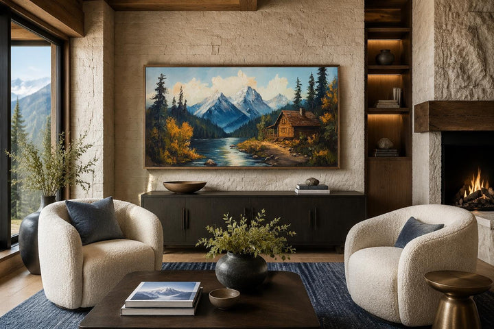 Vintage style canvas wall art of a mountain cabin by a river with snow-capped peaks and fall trees.