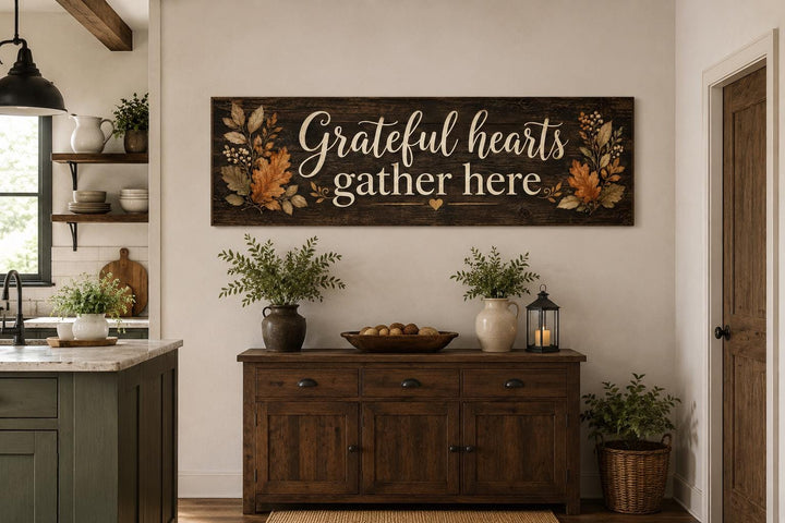 Grateful Hearts Gather Here fall farmhouse sign above a wooden sideboard with autumn decor.