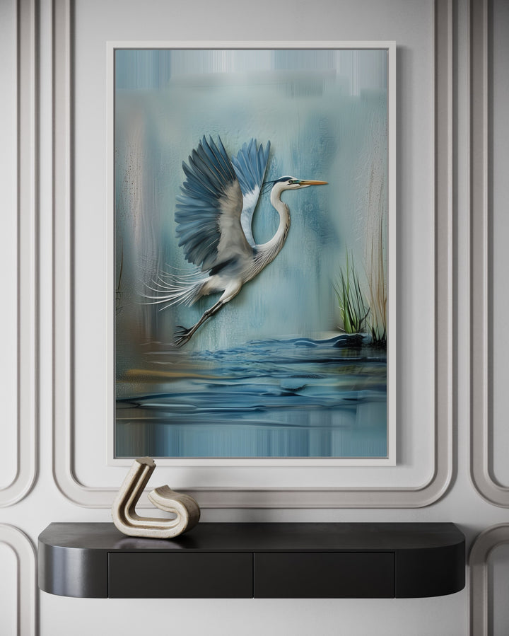 Blue Heron Flying Rustic Coastal Framed Canvas Wall Art close up