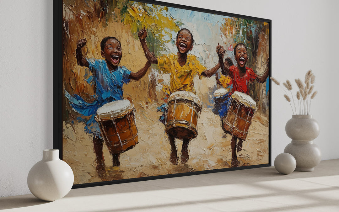 a painting of three african children playing drums