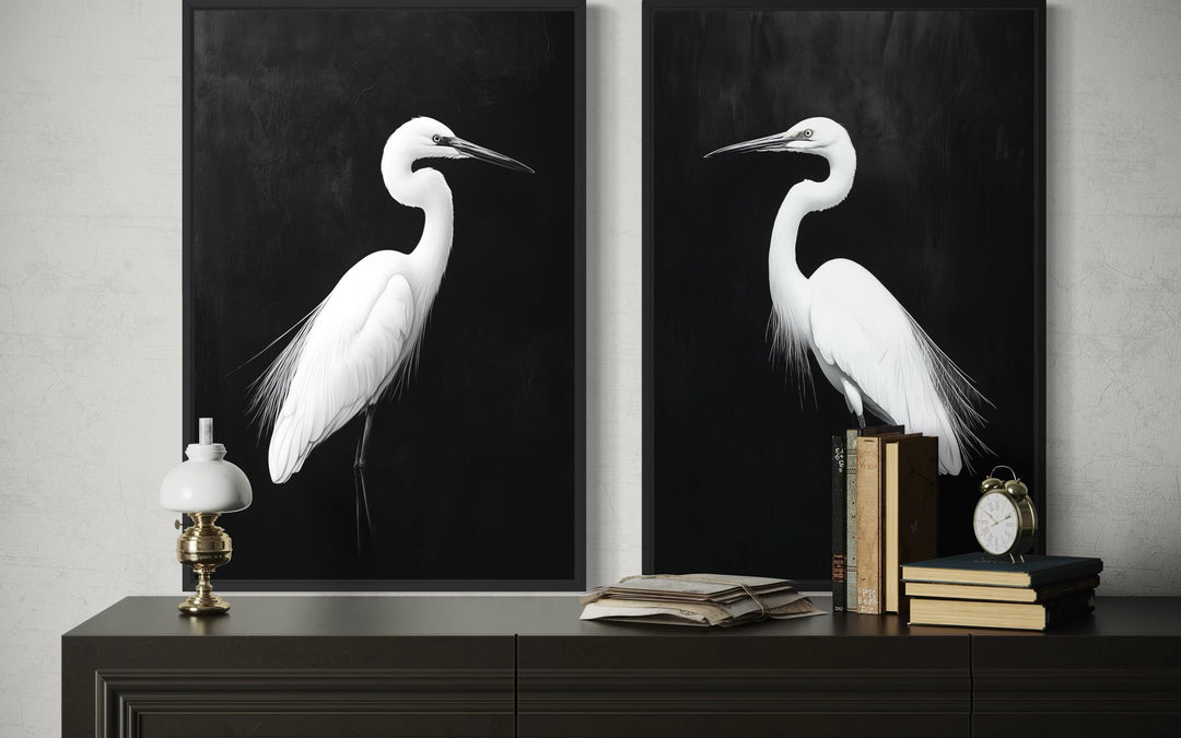 Set of 2 White Egrets On Black Background Canvas Wall Art