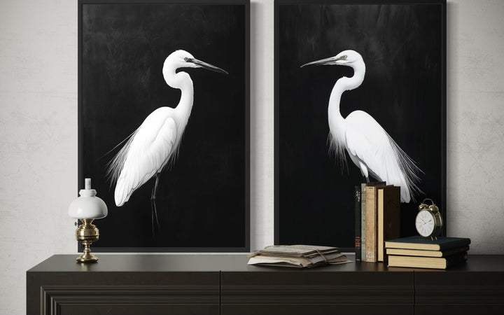 Set of 2 White Egrets On Black Background Canvas Wall Art