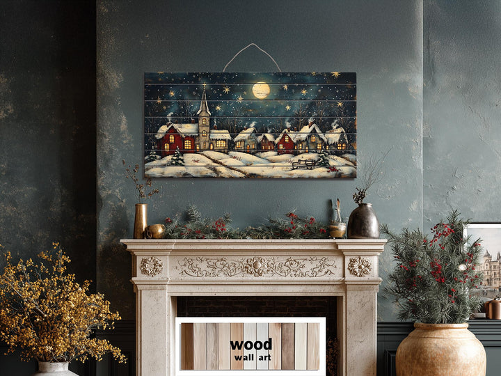 Rustic Christmas Moonlit Village Distressed Wood Wall Art