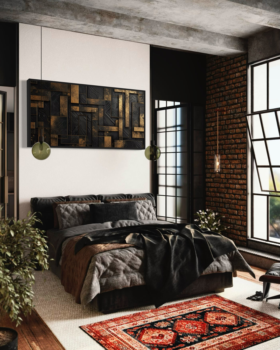 Black Gold Abstract Geometric Framed Canvas Wall Art in a bedroom with a brick wall and a large bed