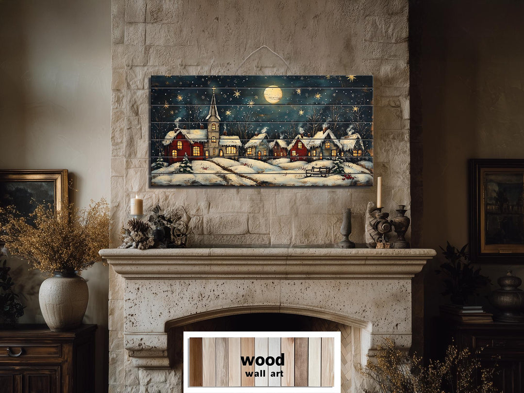 Rustic Christmas Moonlit Village Distressed Wood Wall Art