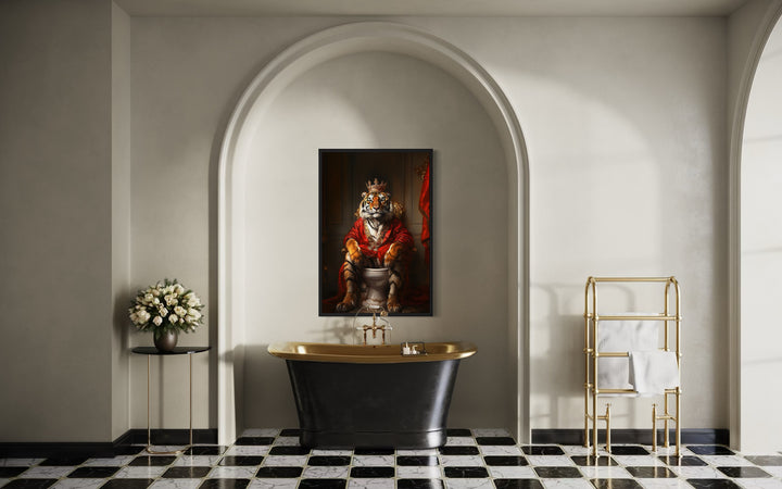 a bathroom with a claw foot tub and a painting on the wall