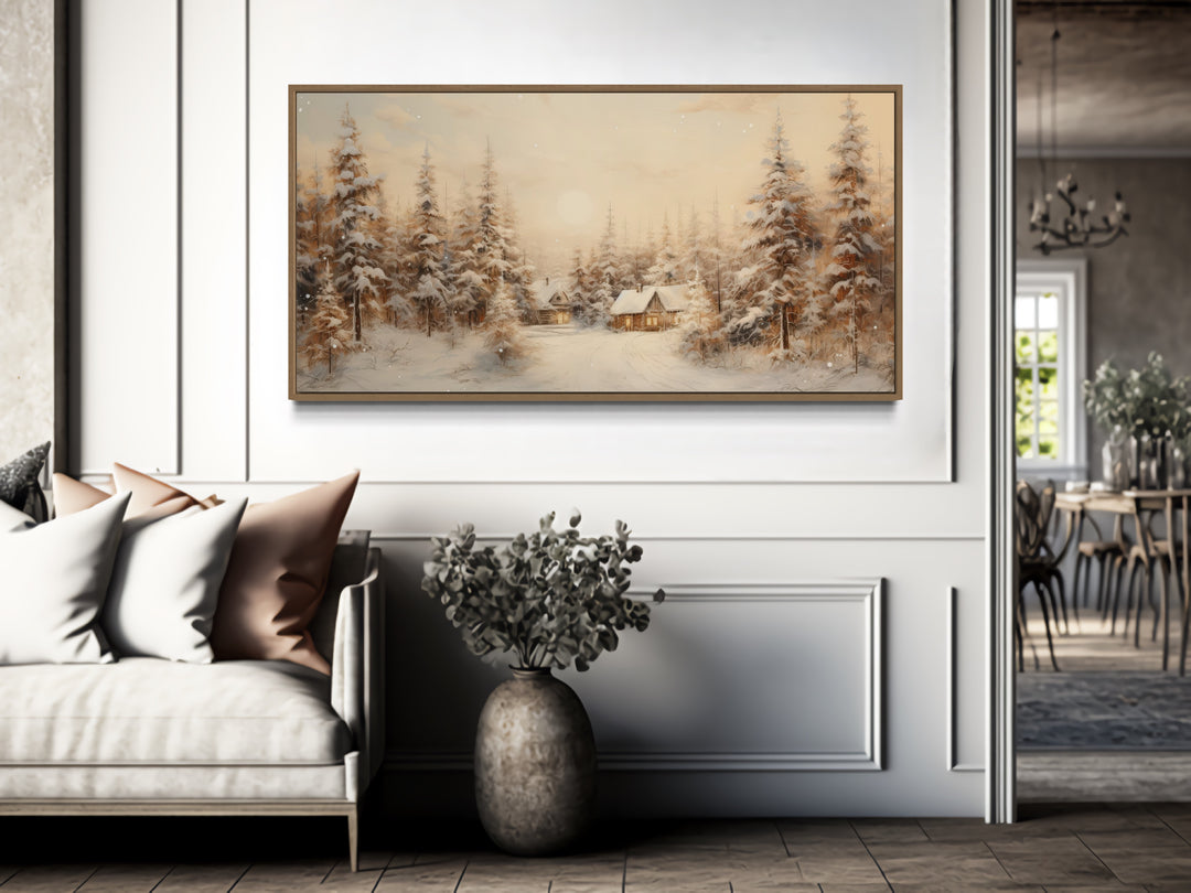 Christmas Village With Fir Trees Winter Framed Canvas Wall Art in rustic room