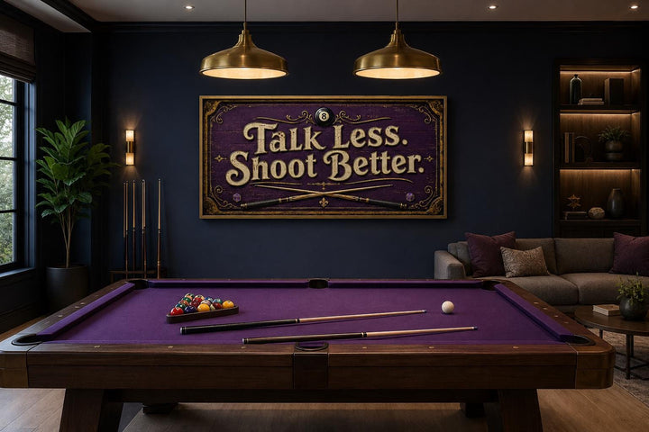 Talk Less Shoot Better Vintage Pool Hall Sign with Crossed Cues and 8-Ball, Purple Gold Billiards Wall Art