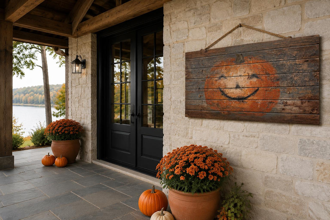 Primitive pumpkin face painted on distressed wood planks with a rope hanger on a stone wall.
