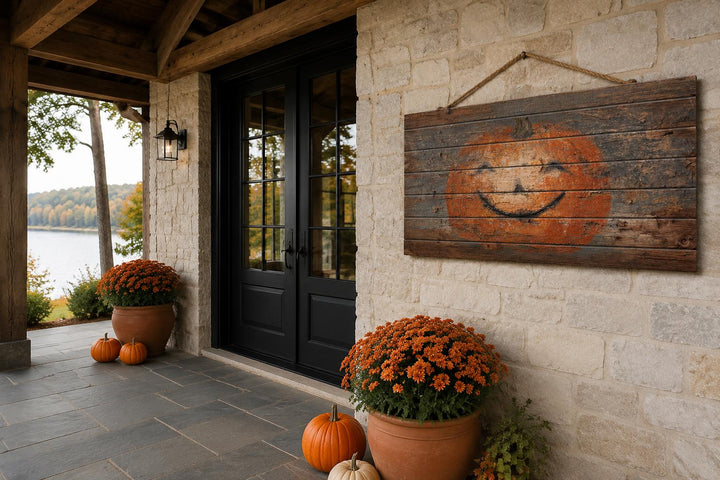Primitive pumpkin face painted on distressed wood planks with a rope hanger on a stone wall.