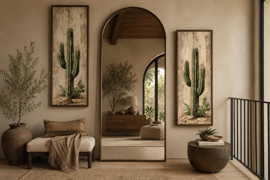 Saguaro Cactus Painting | Set of 2 Vertical Narrow Wall Art - Rustic Desert Canvas Prints